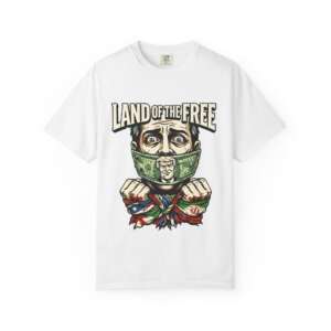 Land of the Free graphic T-shirt | gagged figure with money mask, bound hands, patriotic imagery
