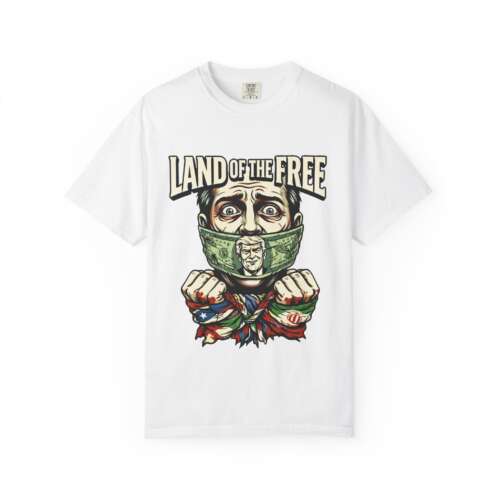 Land of the Free graphic T-shirt | gagged figure with money mask, bound hands, patriotic imagery